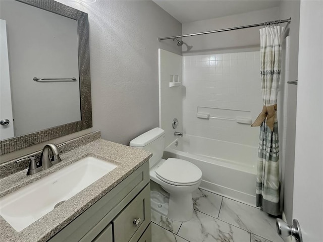 full bathroom with vanity, shower / bath combination with curtain, and toilet