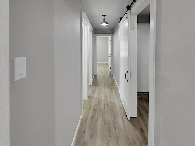 hallway with a barn door and light wood-type flooring