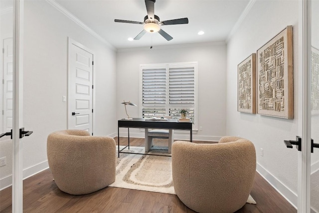 home office featuring french doors, dark hardwood / wood-style floors, ceiling fan, and crown molding