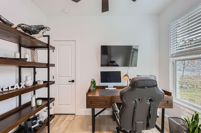 home office featuring light hardwood / wood-style flooring and ceiling fan