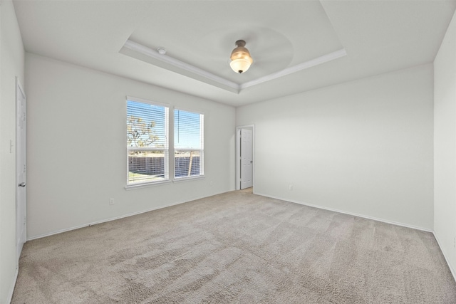 empty room featuring light colored carpet and a tray ceiling