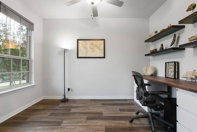 office area with ceiling fan and dark wood-type flooring