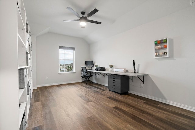 office featuring lofted ceiling, ceiling fan, and dark hardwood / wood-style floors