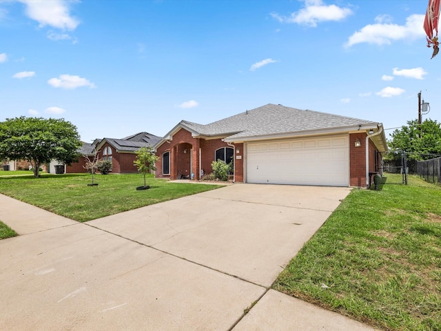 ranch-style home with a front lawn and a garage