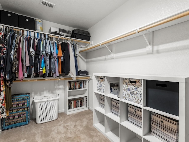 walk in closet with light colored carpet