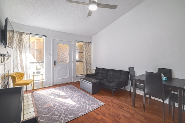 office space featuring hardwood / wood-style floors, a textured ceiling, ceiling fan, and lofted ceiling