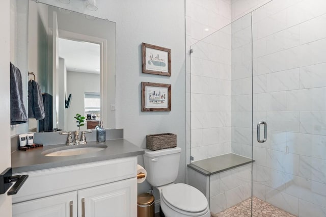 bathroom with a shower with door, vanity, and toilet