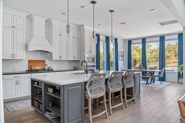 kitchen featuring white cabinetry, sink, an island with sink, and custom exhaust hood