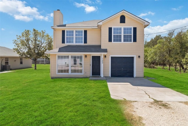 view of front property featuring central AC, a front yard, and a garage