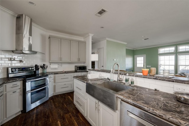 15701 Forest Glenn Cv, Del Valle, TX 78617 - kitchen featuring appliances with stainless steel finishes, wall chimney exhaust hood, a sink, dark wood-style flooring, and crown molding