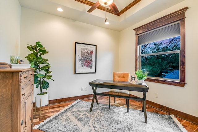 office with a ceiling fan, baseboards, wood finished floors, and recessed lighting