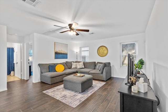 living room with ceiling fan