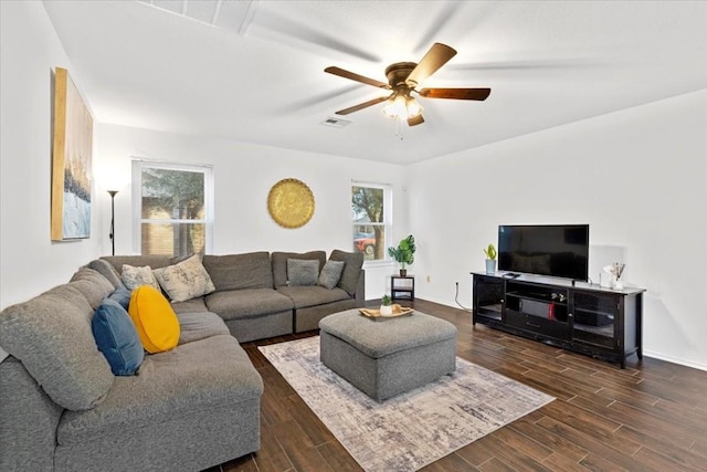 living room with ceiling fan