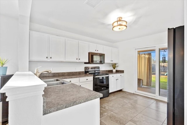 kitchen with kitchen peninsula, white cabinetry, sink, and black appliances