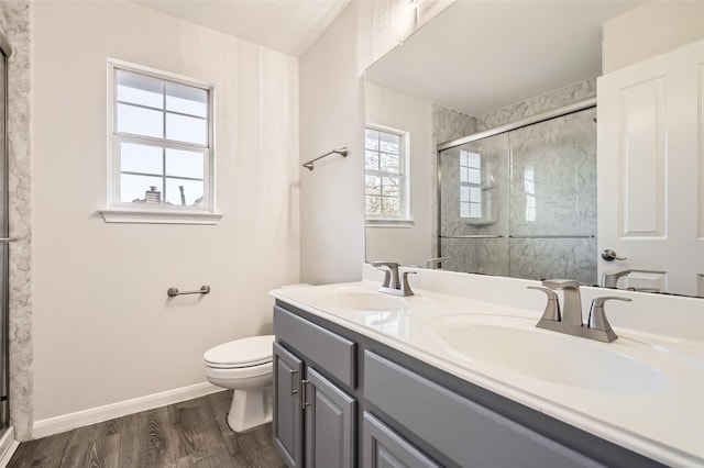 bathroom with toilet, vanity, a shower with door, and hardwood / wood-style flooring