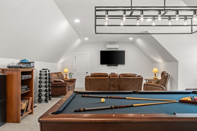 recreation room with carpet floors, lofted ceiling, a wall mounted air conditioner, and recessed lighting