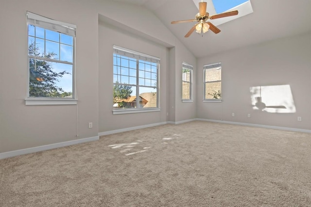 unfurnished room with carpet, ceiling fan, and lofted ceiling