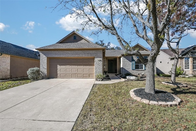 ranch-style house with a front yard and a garage