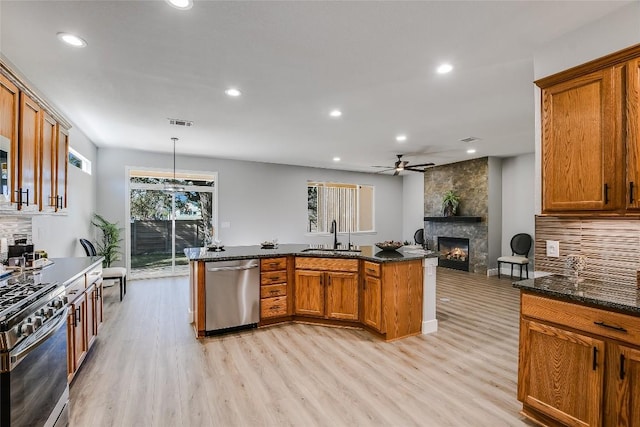 219 Red Poppy Trl, Georgetown, TX 78633 - kitchen featuring stainless steel appliances, a sink, a large fireplace, light wood-style floors, and recessed lighting