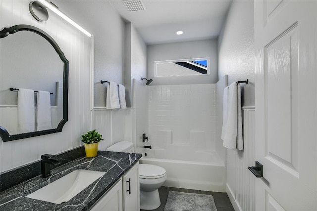 219 Red Poppy Trl, Georgetown, TX 78633 - bathroom with vanity, toilet, tile patterned flooring, and bathtub / shower combination