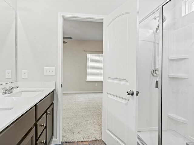 bathroom featuring vanity and a shower with door