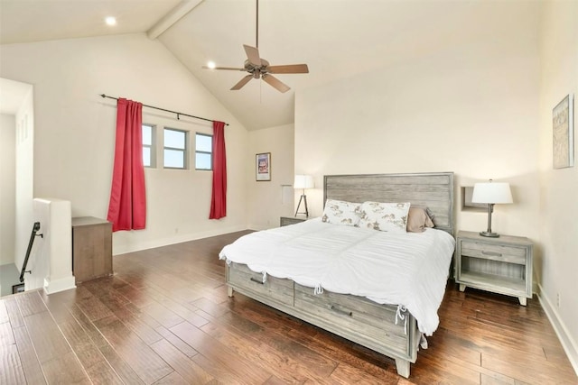 bedroom featuring ceiling fan, beam ceiling, dark wood-type flooring, and high vaulted ceiling