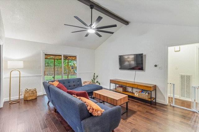 living room featuring ceiling fan, lofted ceiling with beams, and dark hardwood / wood-style floors