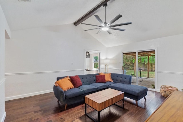 living room featuring beam ceiling, dark hardwood / wood-style floors, high vaulted ceiling, and ceiling fan