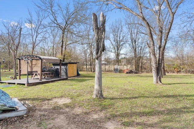 view of yard featuring a deck and an outdoor structure