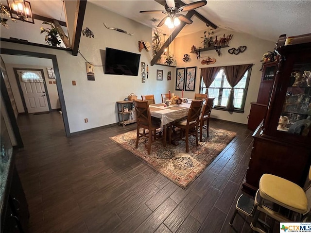 dining space featuring a textured ceiling, vaulted ceiling with beams, ceiling fan, and dark wood-type flooring