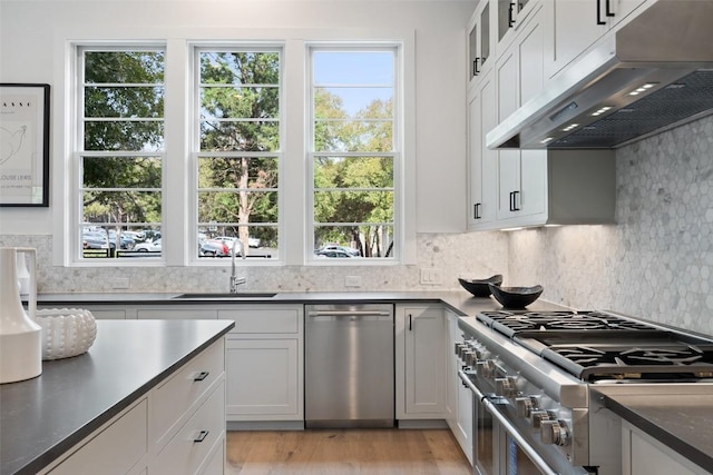 kitchen with decorative backsplash, sink, white cabinetry, and stainless steel appliances