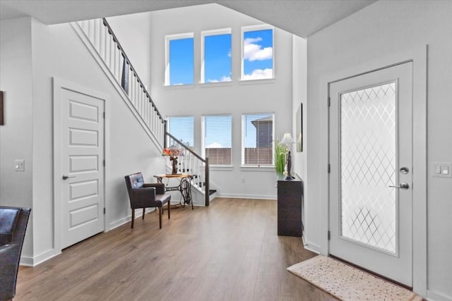 foyer with hardwood / wood-style floors and a towering ceiling