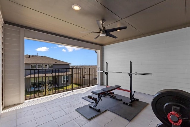 workout area with ceiling fan