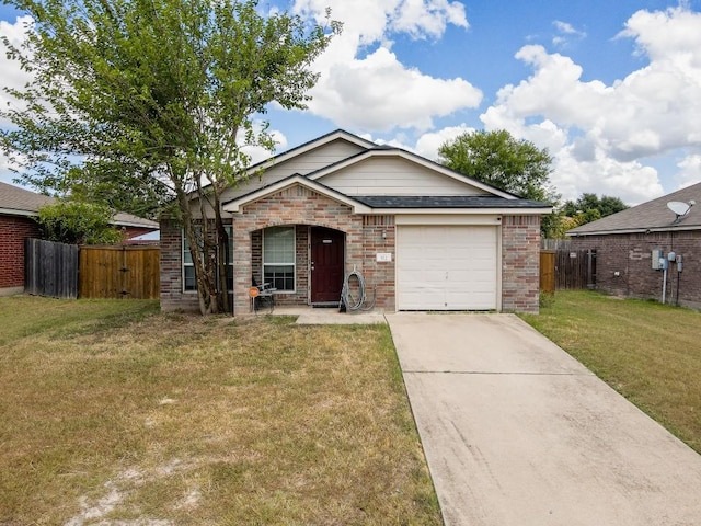 single story home featuring a front yard and a garage