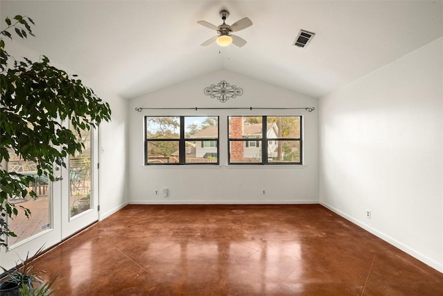 unfurnished room with vaulted ceiling and ceiling fan