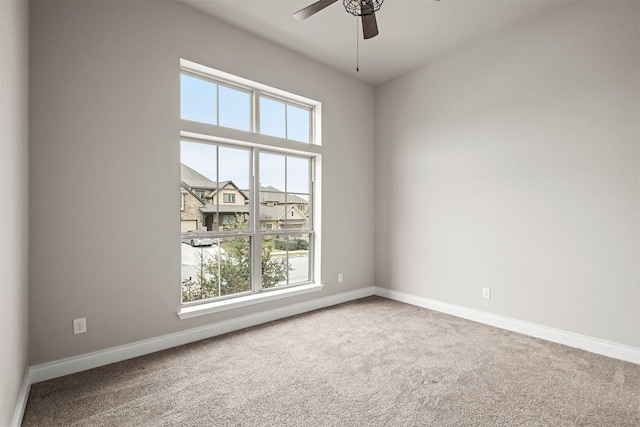 unfurnished room with plenty of natural light, carpet floors, and ceiling fan