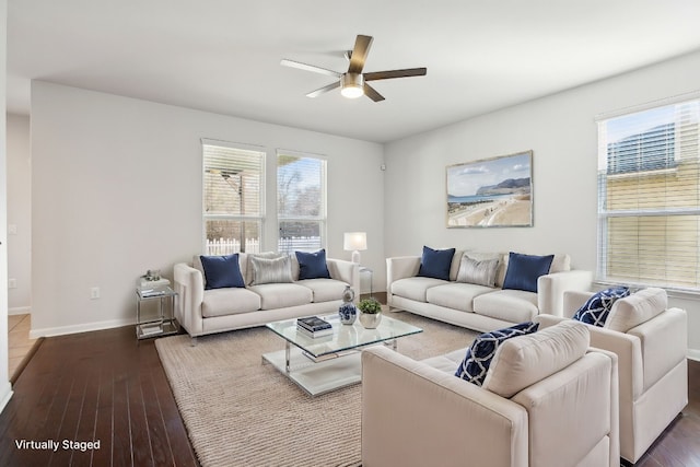 living room with ceiling fan and wood-type flooring