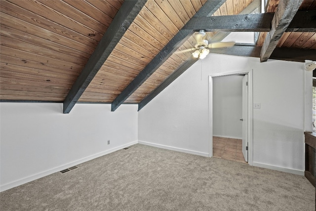 additional living space featuring carpet, vaulted ceiling with beams, ceiling fan, and wood ceiling