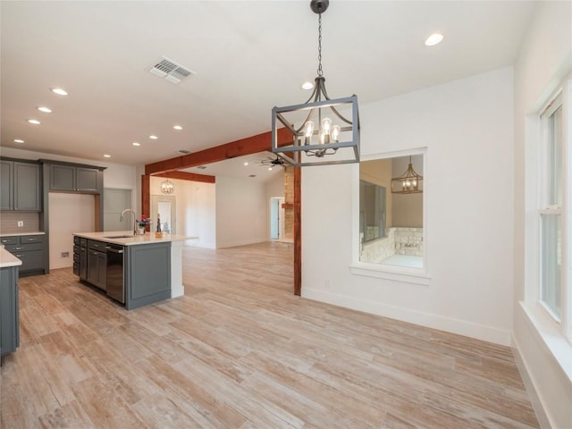 kitchen with sink, dishwasher, backsplash, a kitchen island with sink, and ceiling fan with notable chandelier