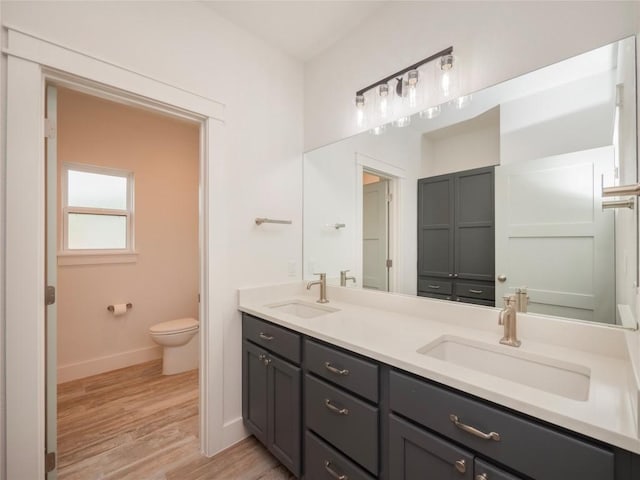 bathroom with hardwood / wood-style flooring, vanity, and toilet