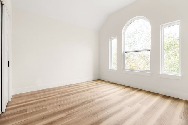 spare room with a wealth of natural light, light hardwood / wood-style flooring, and lofted ceiling