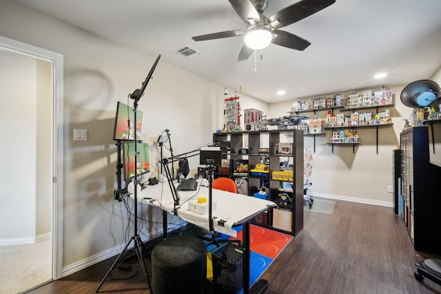 office area featuring ceiling fan and hardwood / wood-style flooring