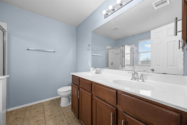 bathroom with tile patterned floors, vanity, toilet, and a shower with door