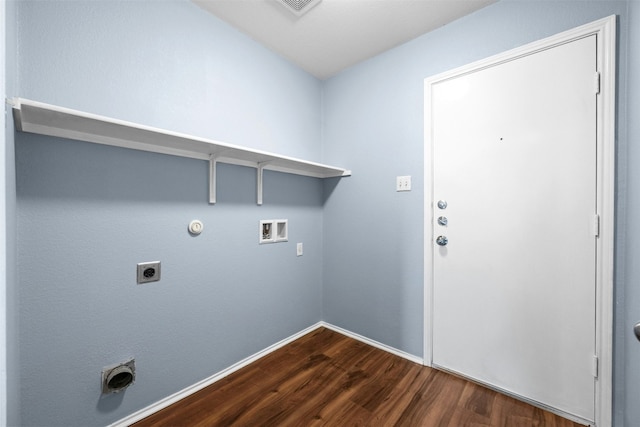 washroom featuring washer hookup, electric dryer hookup, gas dryer hookup, and dark wood-type flooring