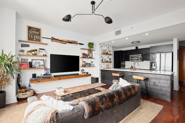 living room with sink and dark wood-type flooring