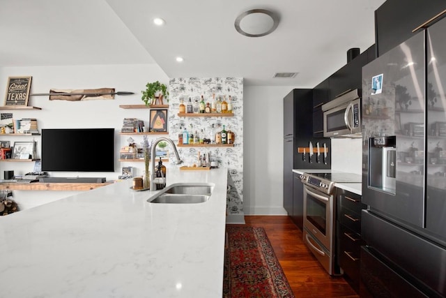 kitchen with dark hardwood / wood-style flooring, light stone countertops, sink, and appliances with stainless steel finishes