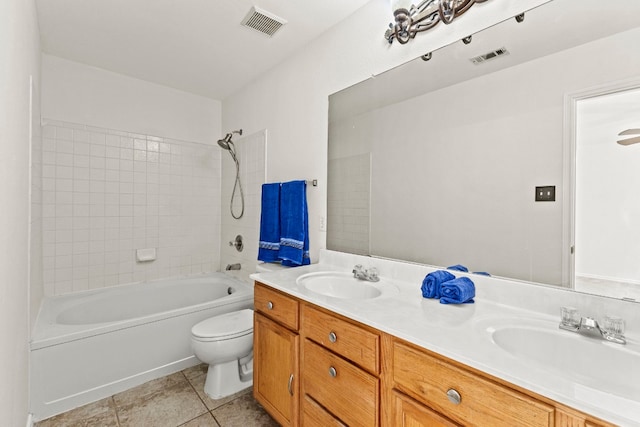 full bathroom featuring shower / bathing tub combination, vanity, toilet, and tile patterned flooring