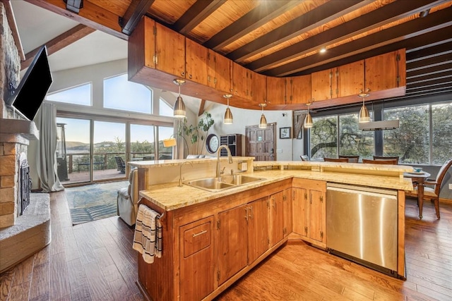 kitchen featuring sink, hanging light fixtures, stainless steel dishwasher, a wealth of natural light, and wood ceiling