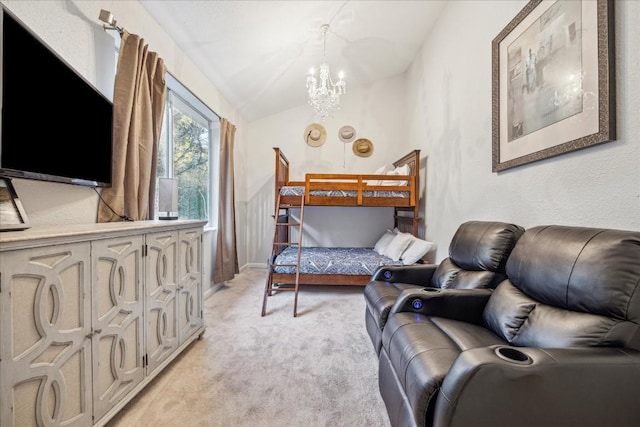 bedroom with light colored carpet, lofted ceiling, and an inviting chandelier