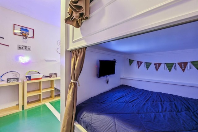 bedroom featuring lofted ceiling